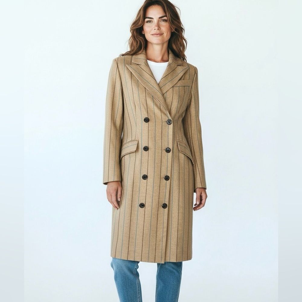 El Ganso Spain Double Breasted Midi Coat Lightweight Tan Striped size 36 US 4